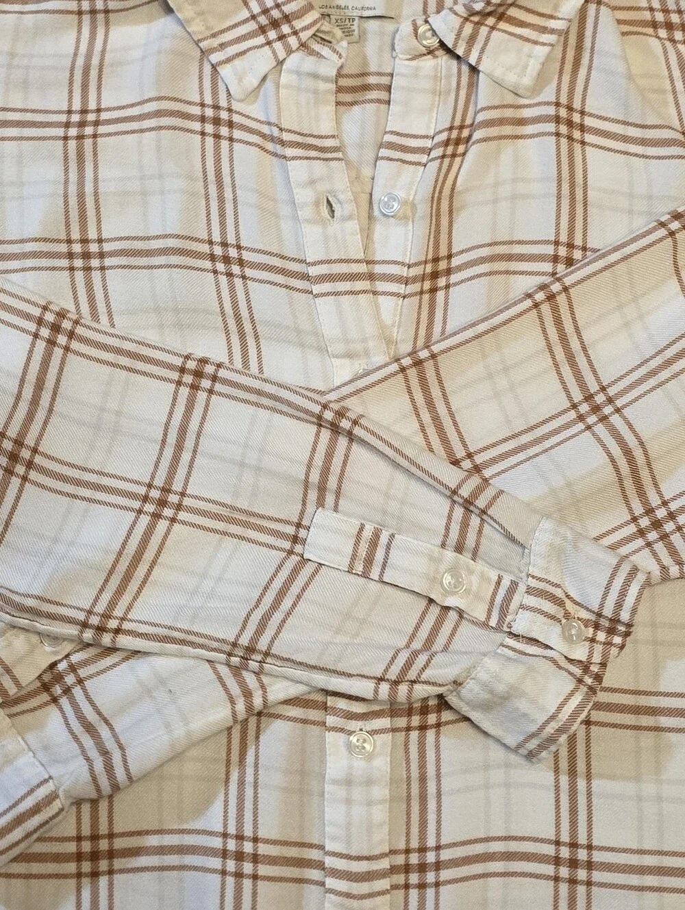 Lucky Brand Plaid Button Down Flannel Shirt Cream Brown XS - Picture 3 of 6